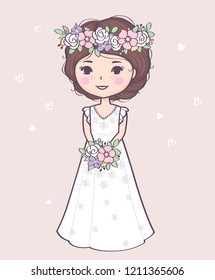 Vector illustration with a beautiful bride in a wedding dress holding bouquet. Cute cartoon bride character