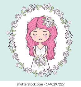 Vector illustration with a beautiful bride in a wedding dress holding bouquet. Cute cartoon bride character