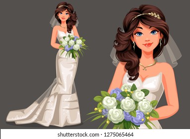 Vector illustration of beautiful bride in a beautiful white wedding gown holding bouquet in standing pose