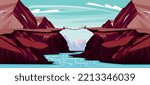 Vector illustration of a beautiful bridge over the canyon. Cartoon mountains landscape with a river in the middle of a canyon through which an old wooden bridge passes.