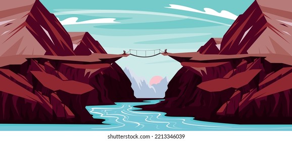 Vector illustration of a beautiful bridge over the canyon. Cartoon mountains landscape with a river in the middle of a canyon through which an old wooden bridge passes.