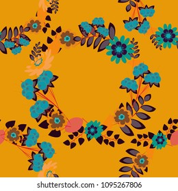 Vector illustration. Beautiful bright abstract decorative brown, blue and yellow flowers. Elements to create design patterns, ornament, backgrounds, wallpaper, textiles. Floral seamless texture.
