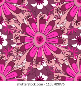 Vector illustration. Beautiful bright abstract decorative magenta, purple and pink flowers. Elements to create design patterns, ornament, backgrounds, wallpaper, textiles. Floral seamless texture.