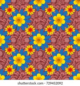 Vector illustration. Beautiful bright abstract decorative yellow, pink and blue flowers. Floral seamless texture. Elements to create design patterns, ornament, backgrounds, wallpaper, textiles.