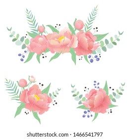 Vector illustration. Beautiful, bright set with peonies, leaves, berries, eucalyptus. White background. 