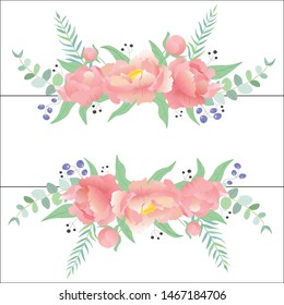 Vector illustration. Beautiful, bright, sweet frame with peonies, berries, eucalyptus, leaves. White background.