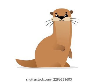 Vector illustration of beautiful brown animal otter on white color background with shadow. Flat style design of otter with mustache for web, banner, poster, print, card, sticker