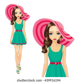 Vector illustration of beautiful brunette girl in the wide-pink hat