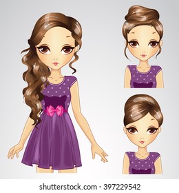 Vector illustration of beautiful brunette hair girl with different hairstyles in purple dress