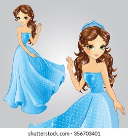 Vector illustration of beautiful brunette princess with crown in blue dress from fairytale