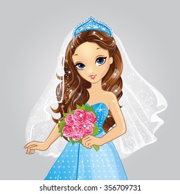 Vector illustration of beautiful brunette princess with flower in a blue wedding dress 