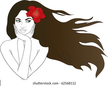 Vector illustration of beautiful brunette with red flower in hair
