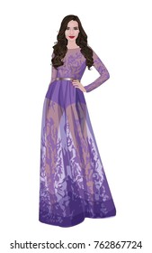 Vector illustration of beautiful brunette young woman with long curly hairstyle in long lavender evening dress. Realistic cartoon girl in party gown. Full body. Model isolated under white background