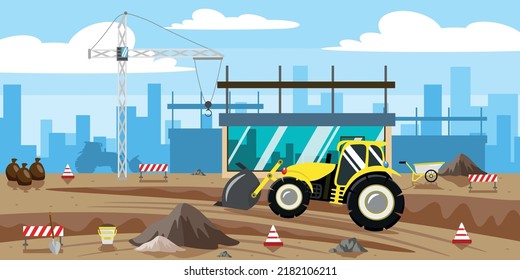Vector illustration of beautiful building construction. Cartoon urban buildings with construction equipment, tractors, tower cranes, cones, barriers, earth and city in the background.