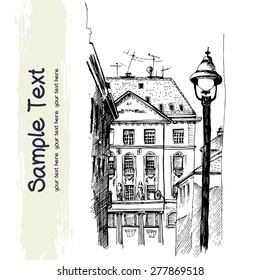 Vector illustration of the beautiful building and lamp in historical city center drawn in a sketch style and isolated on white background. Belgrade, Serbia.