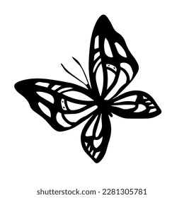 Vector illustration of beautiful butterfly with wing on white color background. Flat line art style design of black and white flying butterfly for web, banner, poster, print - Shutterstock ID 2281305781
