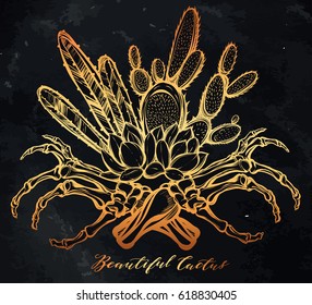 Vector illustration. Beautiful cactus with bones. Handmade. Tattoos, prints on T-shirts, postcard for you, background chalkboard, gold color