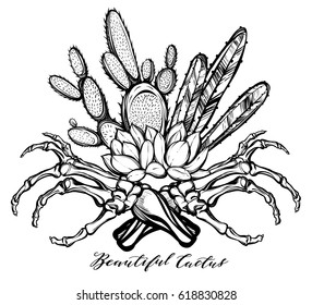 Vector illustration. Beautiful cactus with bones. Handmade. Tattoos, prints on T-shirts, postcard for you, background white
