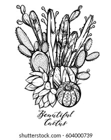 Vector illustration. Beautiful cactus. Handmade, set of plants, prints on T-shirts, tattoos, background white, postcard for you