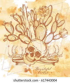 Vector illustration. Beautiful cactus with skull and bones. Handmade. Tattoos, prints on T-shirts, postcard for you, background beige