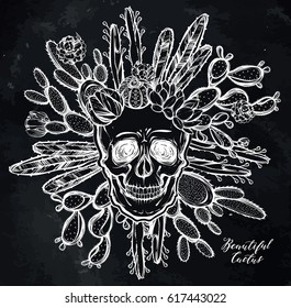 Vector illustration. Beautiful cactus with a skull. Handmade. Tattoos, prints on T-shirts, postcard for you, background chalkboard