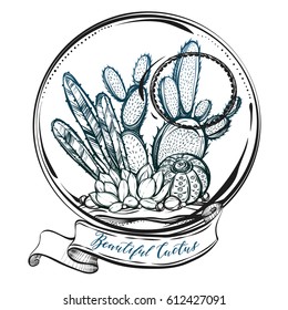 Vector illustration. Beautiful cactus in terrarium. Handmade, set of plants, prints on T-shirts, tattoos, background white, Dark green blue color, postcard for you