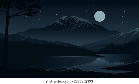 Vector illustration of beautiful calm night with mountain, lake and full moon