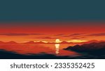 Vector illustration of beautiful calm red sunset over a lake