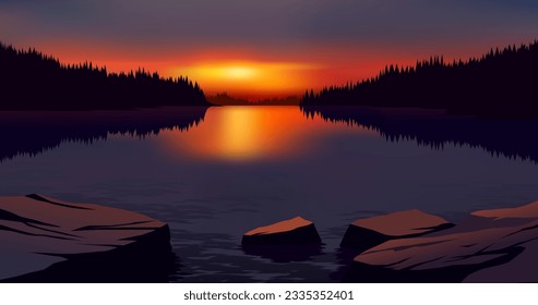 Vector illustration of beautiful calm sunset at lake with rocks