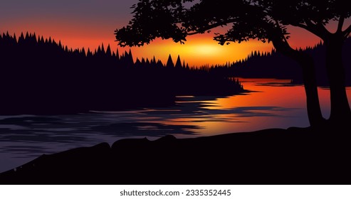 Vector illustration of beautiful calm sunset at river