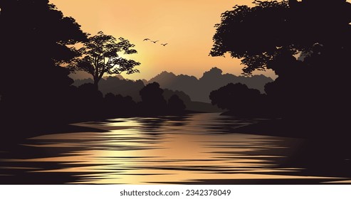 Vector illustration of beautiful calm sunset over the river with misty forest