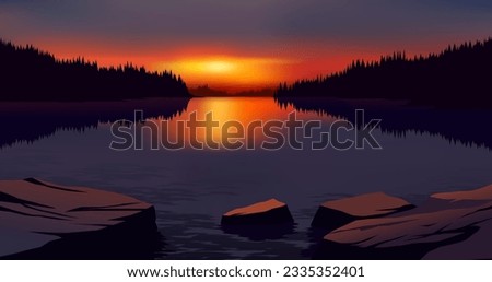 Vector illustration of beautiful calm sunset at lake with rocks