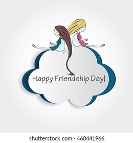 Vector illustration beautiful card for friendship day. Two best friends girls. Reading and relaxing students together. Female friendship. Flat design template. Light clouds. Paper cutout element