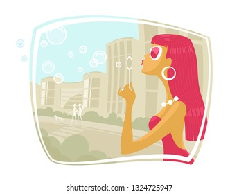 Vector Illustration of a Beautiful Cartoon Girl Blowing Soap Bubbles Outdoors.