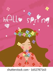 vector illustration of a beautiful cartoon woman holding a flower in spring. Vector illustration for banners, posters, backgrounds, cards and symbols