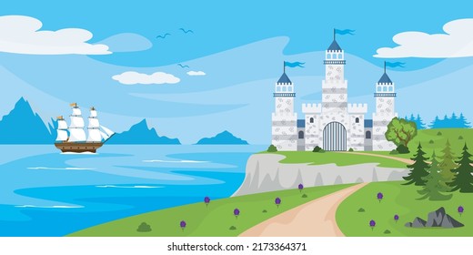 Vector illustration of a beautiful castle. Cartoon landscape by the sea with white castle, ship, mountains in the background. The princess lives in the castle.