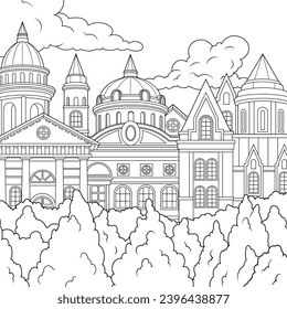 Vector illustration, beautiful castle in the forest, coloring book.