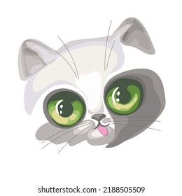 Vector illustration of a beautiful cat. Big cat's eyes close-up. The Face Of The Cat With A Mustache Shows Its Tongue. Image For Children's Clothing, T-shirts, Fabrics, Textiles.