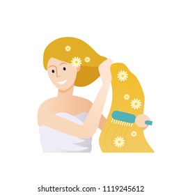 Vector illustration of beautiful caucasian woman in towel brushing her hair with comb. Straight blonde hair treatment with chamomile flowers on white isolated background.