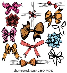 Vector illustration of beautiful Celebration Bows Decor colored doodles set. Elements isolated on white background.