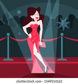 Vector illustration of beautiful celebrity on the red carpet, posing to photographer and paparazzi. Famos actress walk to ceremony event. svg