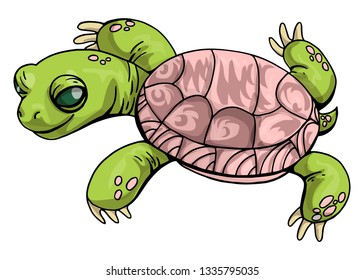 Vector Illustration beautiful Central Asian tortoise cartoon on isolated in green and pink colours on white background. Turtle. Testudo horsfieldii