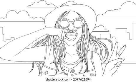Vector illustration, beautiful cheerful fashionable girl posing having fun on the city street, coloring book.