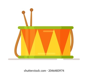 Vector Illustration Of A Beautiful, Childish, Toy Drum Isolated On A White Background. Toys For Children.