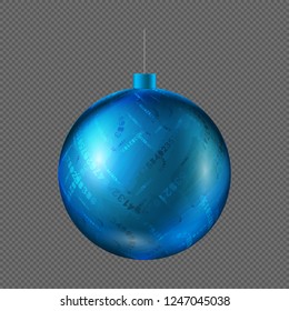 Vector illustration of beautiful Christmas ball. Isolated blue Christmas tree toy for invitations, congratulations, posters, advertisements. Colorful decorative toy on a transparent background.