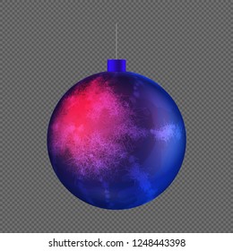 Vector illustration of beautiful Christmas ball. Isolated blue Christmas tree toy for invitations, congratulations, posters, advertisements. Colorful decorative toy on a transparent background.