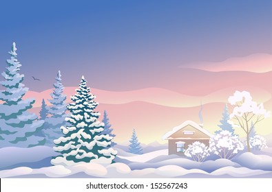 Vector illustration of a beautiful Christmas landscape with snow covered house and woods