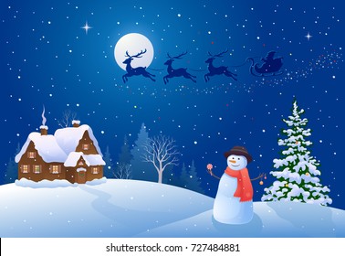 Vector illustration of a beautiful Christmas night landscape and greeting snow man