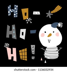 vector illustration of beautiful christmas postcards in Scandinavian style,with ornate funny lettering and cute characters,objects