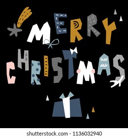 vector illustration of beautiful christmas postcards in Scandinavian style,with ornate funny lettering and cute characters,objects